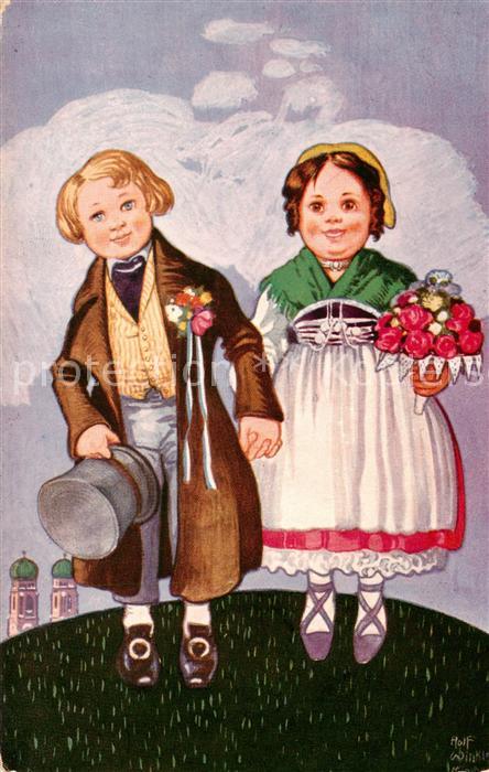 Muenchen Bayern Kinder in Trachten - Kuenstlerkarte Rolf Winkle