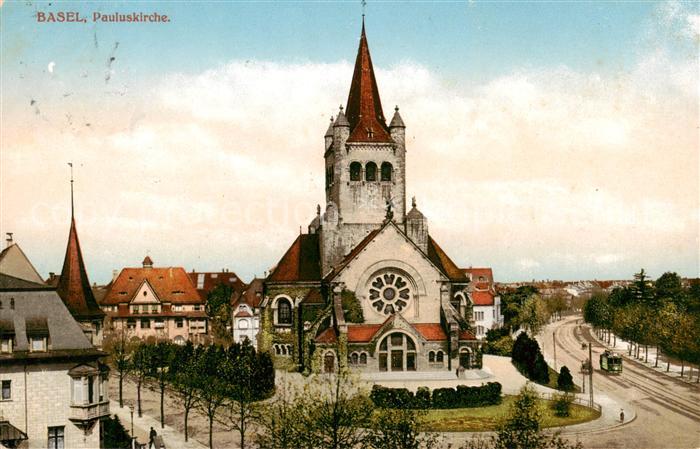 Basel BS Pauluskirche Aussenansicht m. Strassenbahn