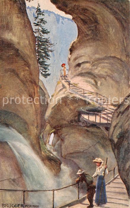 Lauterbrunnen BE Truemmelbachschlucht m. Besuchern - Kuenstlerkarte Bruegger