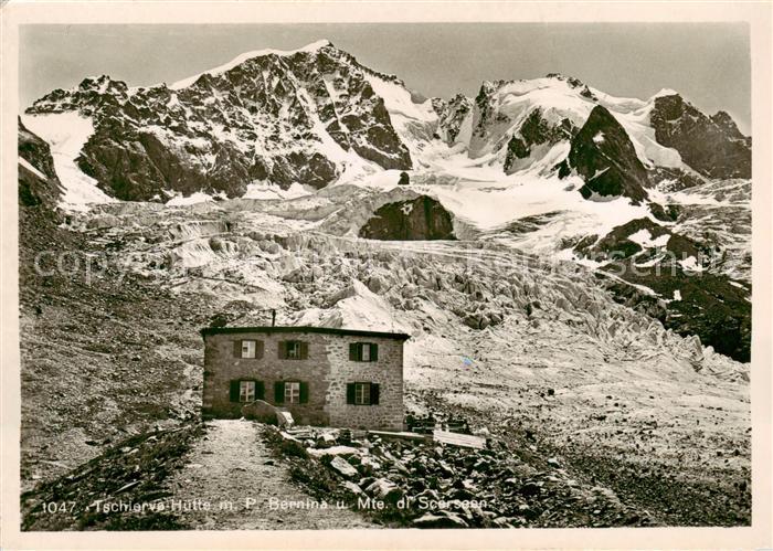 Tschierv Tschierf GR Huette mit Piz Bernina