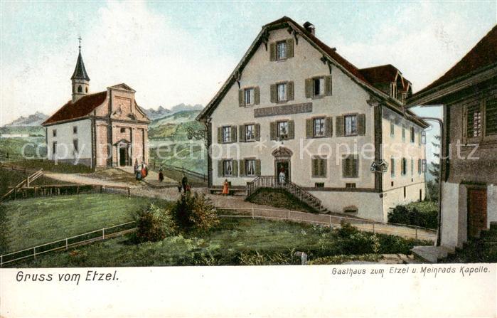 Einsiedeln SZ Gasthaus zum Etzel und Meinrads Kapelle Kuenstlerkarte
