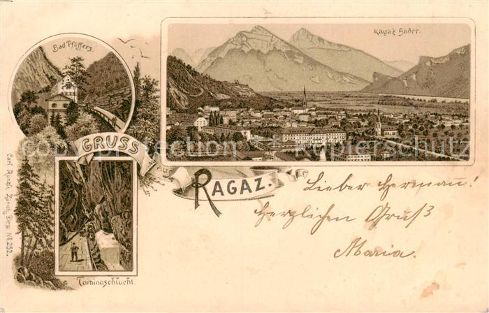 Ragaz Bad SG Panorama Alpen Bad Pfaeffers Taminaschlucht Litho