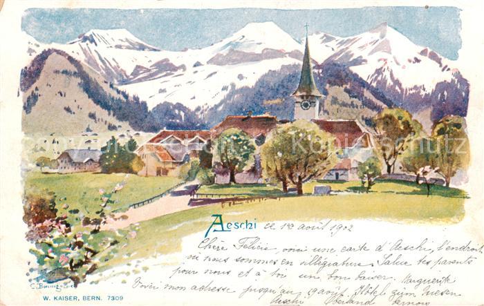 Aeschi BE Ortsmotiv mit Kirche Alpen Kuenstlerkarte