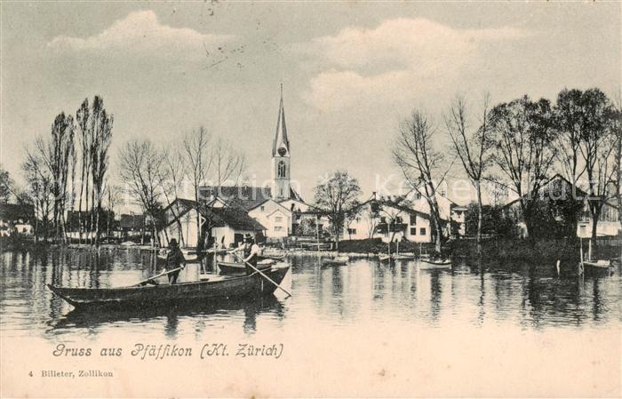 Pfaeffikon am See ZH Fischerboot Hafen Kirche Ansicht vom See aus