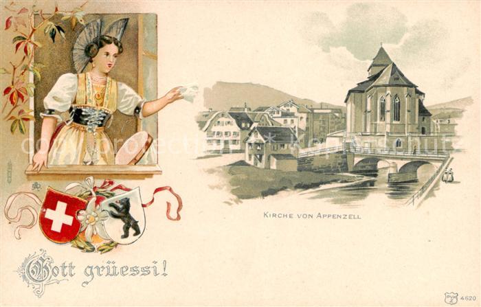 Appenzell IR Kirche Frau am Fenster Wappen Kuenstlerkarte