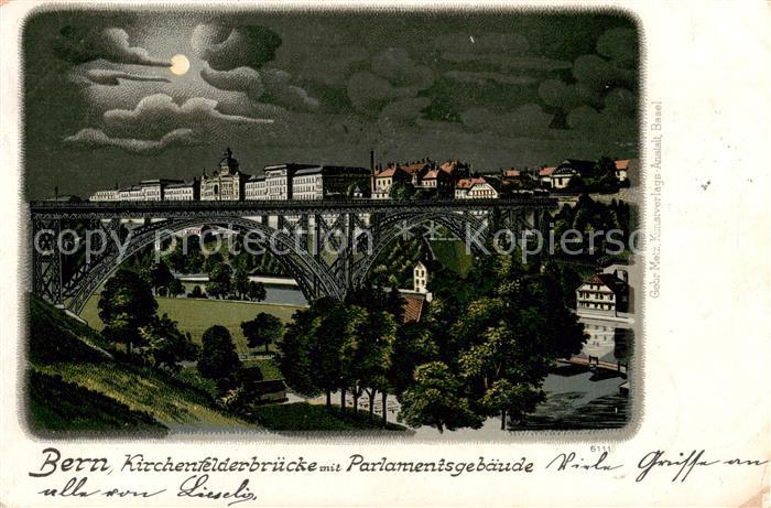 Bern BE Kirchenfelderbruecke mit Parlamentsgebaeude im Mondschein Litho