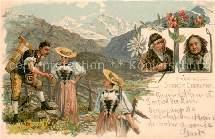 Berner Oberland Landschaftspanorama Alpen Trachten Kuenstlerkarte