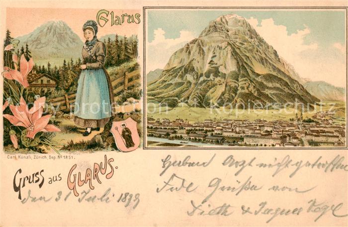 Glarus GL Panorama gegen Glaernisch Trachten Litho