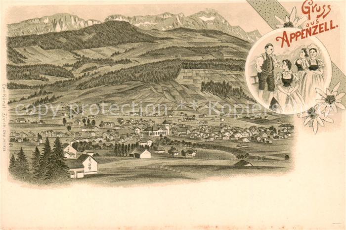 Appenzell IR Gesamtansicht mit Alpenpanorama Litho