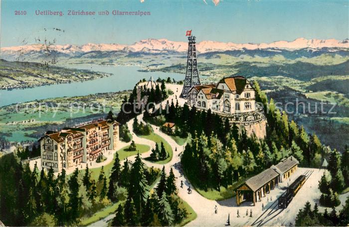 Uetliberg ZH Panorama Zuerichsee und Glarner Alpen aus der Vogelperspektive