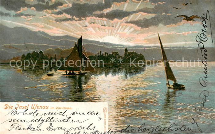 Insel Ufenau Ufnau Zuerichsee SZ Zuerichsee Segeln Sonnenaufgang Kuenstlerkarte