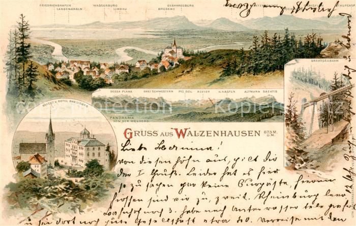 Walzenhausen AR Panorama Kirche Hotel Rheinburg Drahtseilbahn Litho