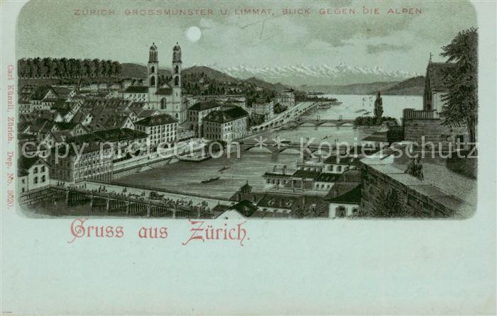 Zuerich ZH Grossmuenter Limmat Blick gegen die Alpen im Mondschein Litho