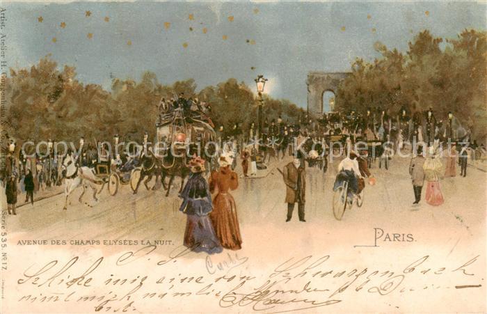 Paris 75 Avenue des Champs Elysées la nuit Kuenstlerkarte