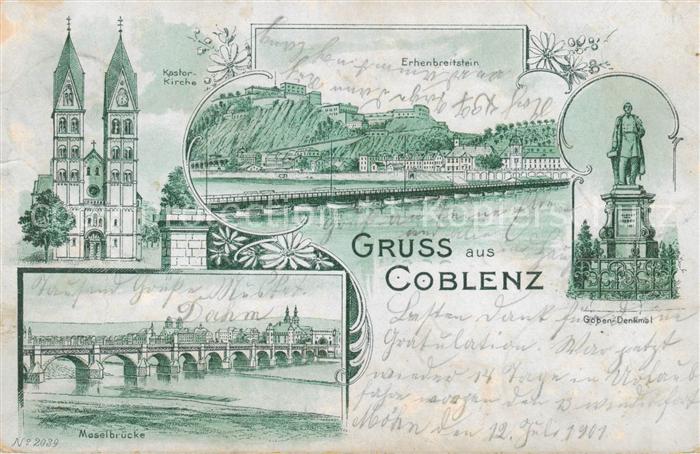 Koblenz  Rhein Kastorkirche Ehrenbreitstein Goeben-Denkmal Moselbruecke Litho