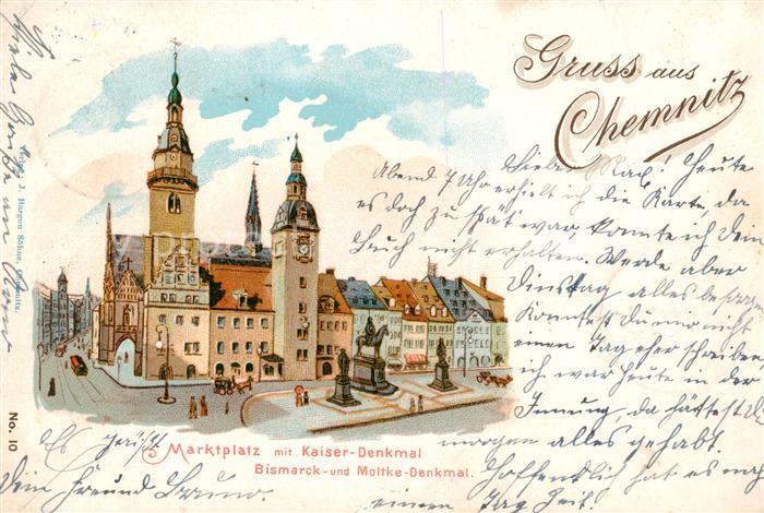 CHEMNITZ Sachsen Marktplatz Kaiserdenkmal Bismarckdenkmal Moltkedenkmal Litho