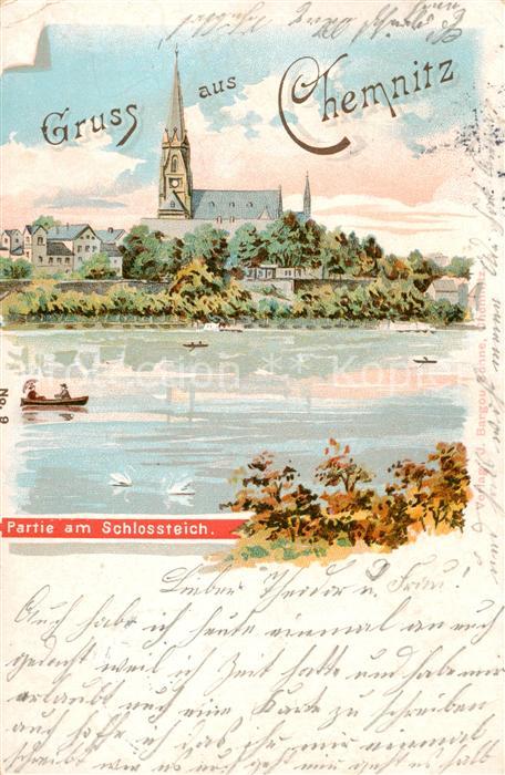 CHEMNITZ Sachsen Partie am Schlossteich Blick zur Kirche Kuenstlerkarte
