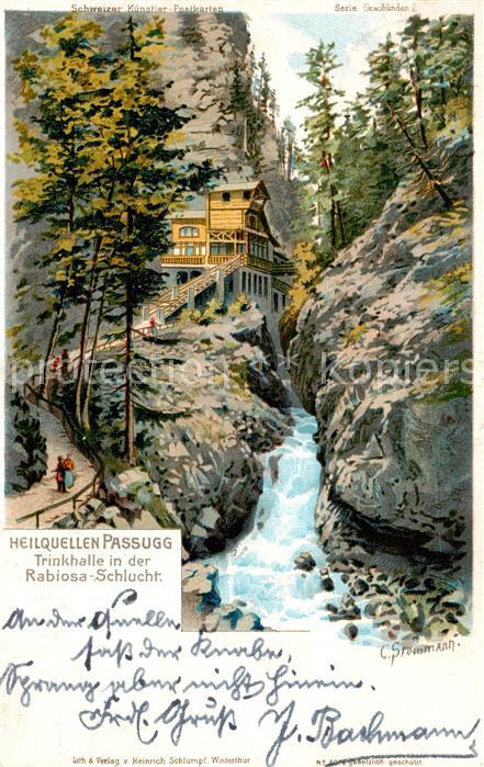 Passugg GR Heilquellen Trinkhallein der Rabiosa Schlucht Kuenstlerkarte