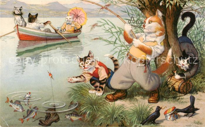 Vermenschlicht MKZ Nr.4730 Katzen Fischen Bottfahren