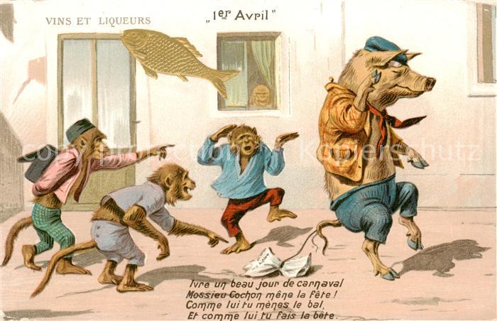 Vermenschlicht Vins et Liqueurs Tanzender Schwein und Affen
