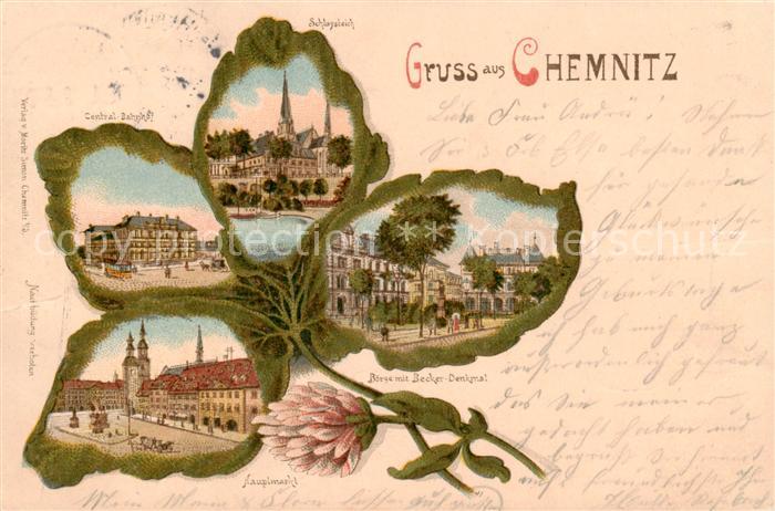 CHEMNITZ Sachsen Bahnhof Schlossteich Hauptmarkt Boerse mit Becker-Denkmal Kleeb