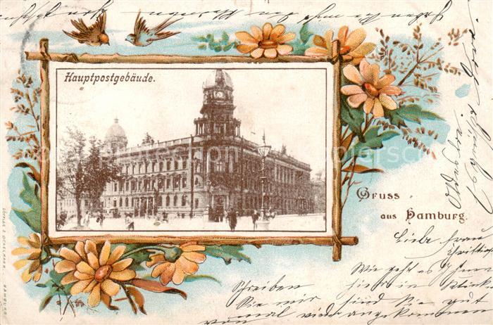HAMBURG  CITY Hauptpostgebaeude Bilderrahmen Blumen Kuenstlerkarte