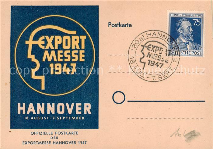 HANNOVER  CITY Offizielle Postkarte der Exportmesse 1947 Stempel