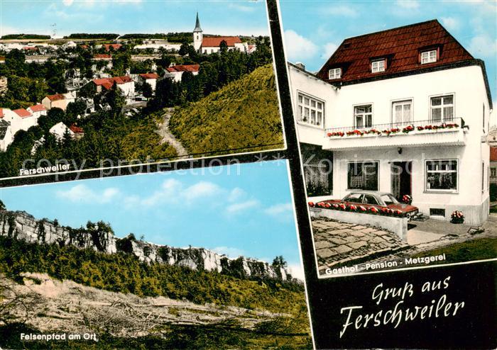 Ferschweiler Ortsansicht Gasthof Pension Metzgerei Schilt Felsenpfad am Ort