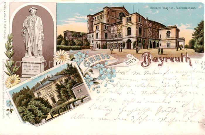 BAYREUTH Bayern Richard Wagner Denkmal Festspielhaus Villa Wahnfried Litho