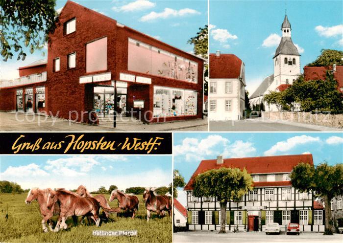 Hopsten Ladengeschaeft Blick zur Kirche Haflinger Pferde