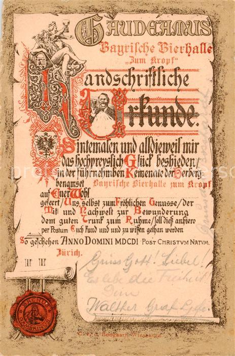 Zuerich ZH Handschriftliche Urkunde Gaudeamus Bayrische Bierhalle Zum Kropf Sieg