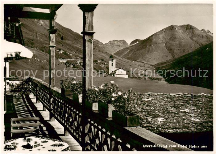 Avers-Juf GR Blick vom Hotel Heinz Kirche