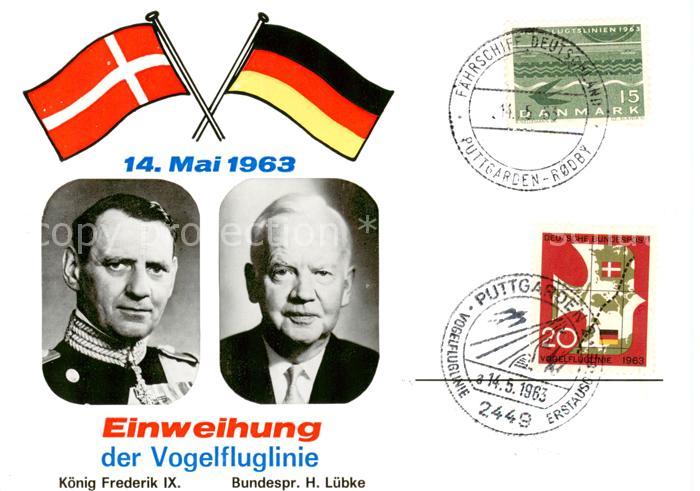Puttgarden Einweihung der Vogelfluglinie 1963 mit Koenig Frederik IX und Bundesp