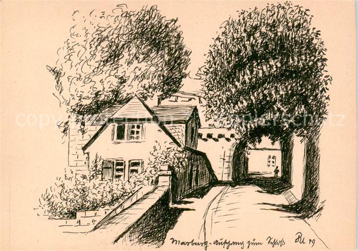 Marburg Lahn Aufgang zum Schloss Zeichnung