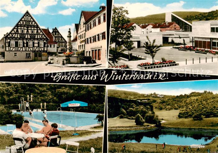 Winterbach Remstal BW Marktbrunnen Neue Schule mit kath Kirche Freibad Stausee