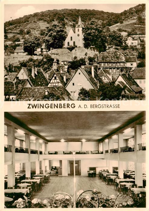 Zwingenberg Bergstrasse Ortsansicht mit Kirche Gasthof Pension Cafe Zur Linde