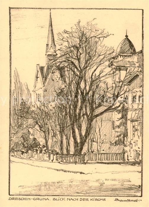 Gruna Dresden Blick zur Kirche Zeichnung