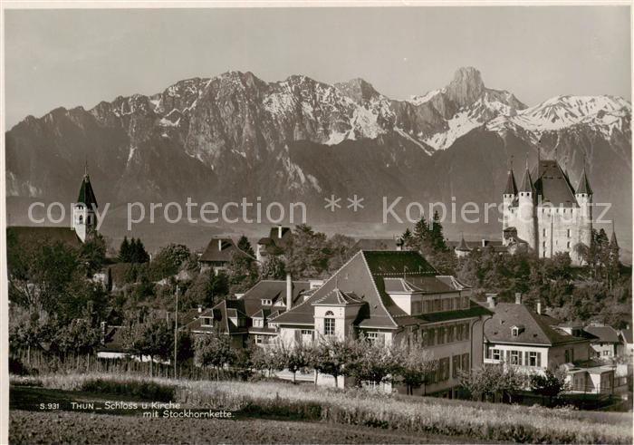Thun BE Ansicht mit Schloss und Kirche Stockhornkette Berner Alpen