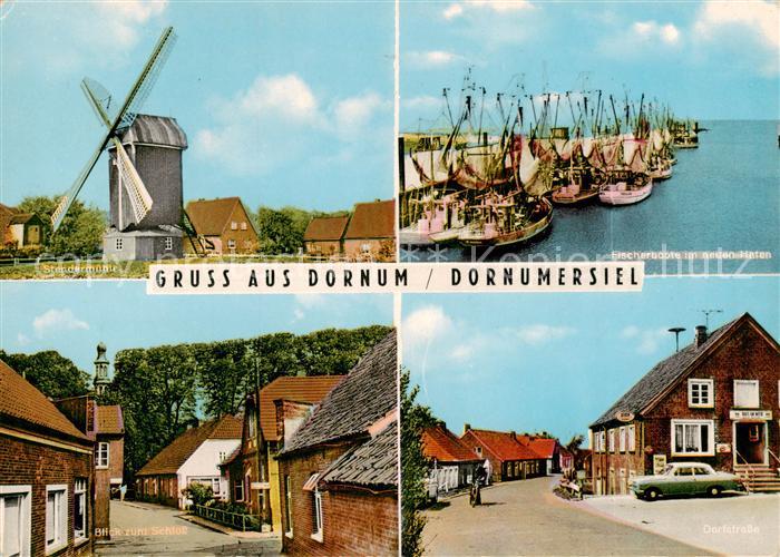 Dornumersiel Windmuehle Fischerboote Hafen Ortsansicht Blick zum Schloss