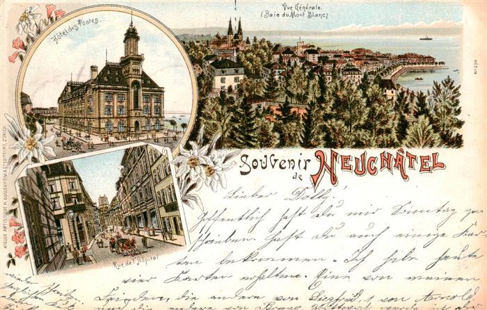 Neuchatel NE Vue Generale Hôtel des Postes Rue de l Hôpital Litho