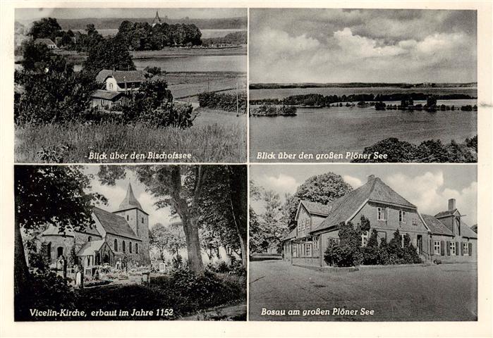 Bosau Ostholstein Blick ueber den Bischofssee Grosser Ploener See Vicelin-Kirche