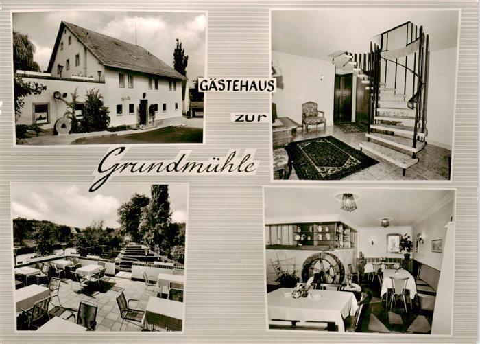 Wuerzburg Bayern Gaestehaus zur Grundmuehle Gaststube Treppenaufgang Terrasse