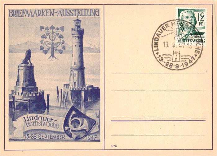 Lindau  Bodensee Briefmarken Ausstellung 1947 Lindauer Herbstwoche Hafeneinfahrt