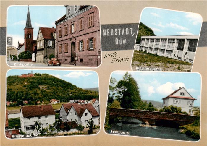 Neustadt Odenwald Partie an der Kirche Breuberg-Halle Blick zum Breuberg Bachpar