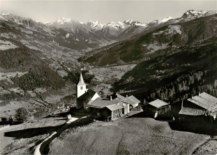 Furna GR Bergdorf Kirche Panorama Blick gegen das obere Praettigau und die Silvr