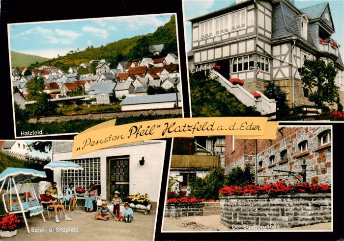 Hatzfeld Eder Ortsansicht Pension Pfeil Spiel und Sitzplatz Stadtbrunnen