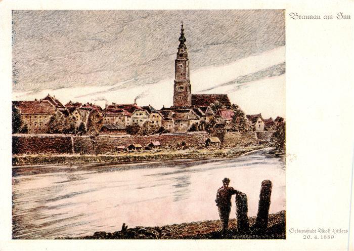 Braunau  Inn AT Innpartie mit Kirche Kuenstlerkarte