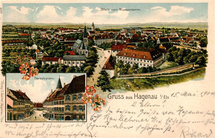 Hagenau 67 Bas-Rhin Alsace Panorama Blick vom Wasserturm Paradeplatz Litho