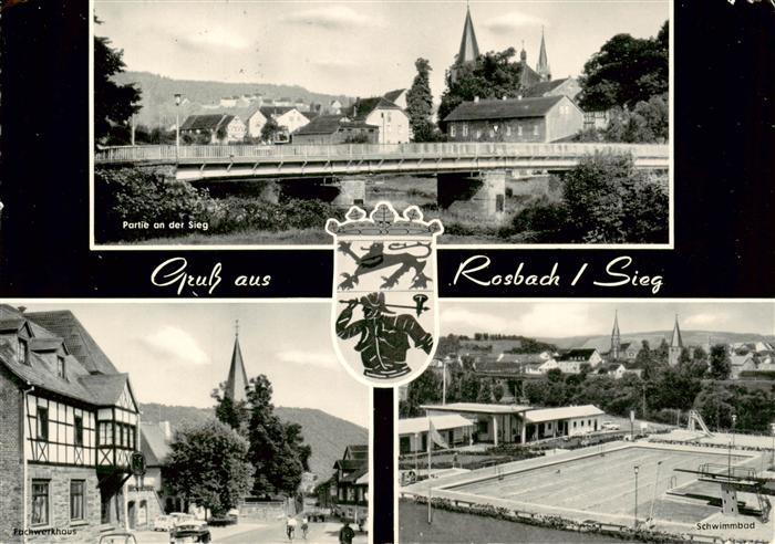 Rosbach Sieg Partie an der Sieg Fachwerkhaus Schwimmbad