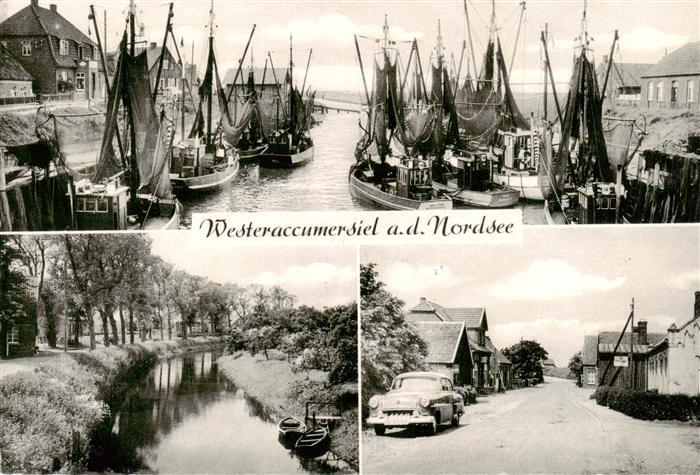 Westeraccumersiel Dornum Fischerhafen Fischkutter Partie an Kanal Dorfansicht